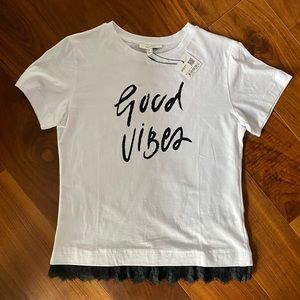 [Ipekyol] “Good Vibes” White Tee with Black Lace Trim